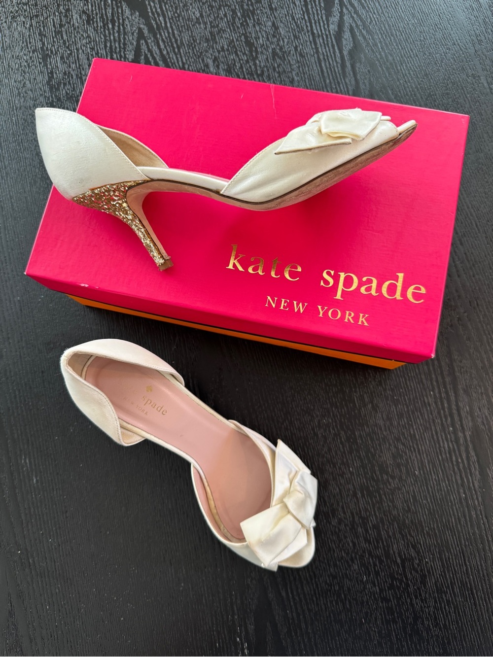 Kate Spade Ivory Satin ‘Sala Pump’ with Peep-Toe Heel & Gold Glitter Heel Accent